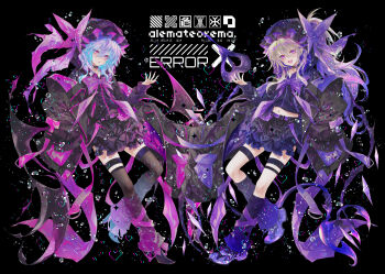 2girls :d absurdres alternate_costume bat_wings belt black_background black_choker black_jacket black_leg_warmers black_nails black_shoes black_skirt black_thighhighs blonde_hair blue_hair bow bowtie choker fang flandre_scarlet full_body hair_between_eyes hand_up hat hat_bow heart high_heels highres hood hood_up hooded_jacket jacket kobayashi_yoshitaka laevatein_(touhou) leg_warmers long_hair looking_at_viewer midriff multiple_girls navel open_mouth pink_bow pink_bowtie pink_ribbon pixel_heart purple_belt purple_bow purple_bowtie purple_eyes remilia_scarlet ribbon shoes siblings sisters skirt smile teeth thigh_strap thighhighs touhou upper_teeth_only water_drop wings