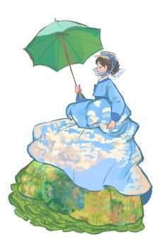 Rule 34 | 1girl, agoh3, brown hair, chinstrap, closed eyes, dress, flying, from side, full body, grass print, hanbok, hand up, hat, highres, holding, holding umbrella, korean clothes, long sleeves, original, print dress, profile, simple background, skirt hold, sky print, solo, standing, umbrella, umbrella riding, updo, white background