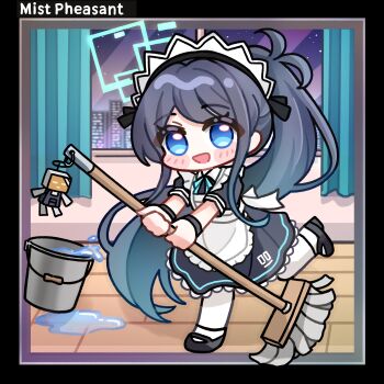 1girl :d absurdres apron aqua_halo aris_(blue_archive) aris_(maid)_(blue_archive) artist_name black_border black_dress black_shoes black_wrist_cuffs blue_archive blue_eyes blush_stickers border borrowed_clothes bucket chibi chibi_only chinese_commentary collared_dress commentary_request contrast_collar curtains dress floating_hair frilled_apron frilled_dress frills full_body gradient_hair grey_hair halo highres holding holding_mop indoors kei_(robot)_(blue_archive) leg_up long_hair long_sidelocks looking_at_viewer maid maid_apron maid_headdress mary_janes mist_pheasant mop multicolored_hair night number_print official_alternate_costume official_alternate_hairstyle open_mouth pantyhose partial_commentary ponytail puffy_short_sleeves puffy_sleeves rectangular_halo running shoes short_sleeves sidelocks smile solo spilling very_long_hair water white_apron white_headdress white_pantyhose window wrist_cuffs