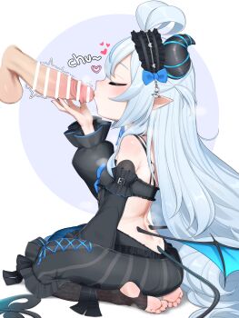 1boy 1girl absurdres ahoge akugaki_koa ass bar_censor barefoot black_horns black_sleeves blue_bow blue_hair blue_horns blush bow censored chromashift closed_eyes commission demon_girl demon_horns demon_tail demon_wings detached_sleeves disembodied_penis erection feet fellatio frills goki_buri grabbing_another's_penis hair_between_eyes hairband hetero highres horns kissing_penis loli long_hair long_sleeves no_shoes oral paid_reward_available penis pixiv_commission pointy_ears simple_background sitting smelling soles solo_focus sound_effects stirrup_legwear tail testicles toeless_legwear toes twitching_penis very_long_hair virtual_youtuber wings
