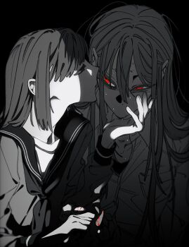 2girls closed_eyes collared_shirt commentary greyscale hand_on_another&#039;s_face hashtag-only_commentary highres monochrome multiple_girls naotin3333 original red_eyes sailor_collar school_uniform serafuku shirt spot_color sweat yuri