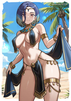 1girl ancient_egyptian_clothes aqua_hair armlet armpit_crease bare_hips bare_shoulders blue_hair breast_curtains breasts brown_eyes circlet coconut_tree desert gold_armlet gold_thighlet green_hair grin groin harem_outfit highres jewelry looking_at_viewer medium_breasts multicolored_hair navel nintendo palm_tree pelvic_curtain perrin_(pokemon) pokemon pokemon_sv pyramid_(structure) redjet shiny_skin short_hair smile solo stomach thick_thighs thighlet thighs tree tsurime