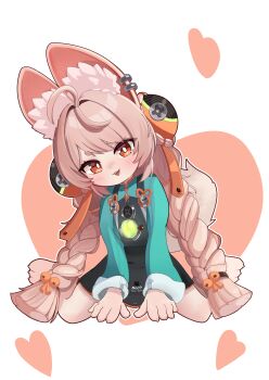 1girl absurdres ahoge animal_ear_fluff animal_ear_piercing animal_ears animal_feet blush braid braided_twintails bright_pupils commentary_request furry furry_female green_shirt gure_piyo head_tilt heart heart_background highres long_hair looking_at_viewer medallion open_mouth pink_fur pink_hair rabbit_ears rabbit_girl red_eyes screw shirt short_eyebrows sitting solo thick_eyebrows wariza white_background white_pupils zenless_zone_zero zhao_(zenless_zone_zero)