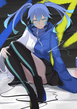 1girl arrow_print black_skirt blue_eyes blue_hair blue_hoodie cable commentary_request ene_(kagerou_project) feet graffiti hand_on_own_knee headphones highres hood hood_down hoodie jacket kagerou_project long_hair long_sleeves looking_at_viewer mekakucity_actors multicolored_hair multicolored_jacket nanase_(sak77se) on_floor sitting skirt smile solo spray_can sweater thighhighs thighs track_jacket turtleneck turtleneck_sweater twintails two-tone_hair two-tone_jacket zipper