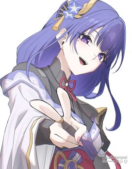 1girl absurdres adapted_costume asiri_senpai black_bridal_gauntlets black_shirt blue_pupils breasts bridal_gauntlets commentary fingernails genshin_impact hair_ornament highres japanese_clothes kimono long_hair looking_at_viewer medium_breasts mole mole_under_eye open_mouth pink_nails purple_eyes purple_hair purple_kimono raiden_shogun shirt smile solo twitter_username upper_body v