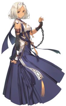 1girl ainu_clothes aquaplus arm_up armband breasts brown_eyes chain chained_wrists cleavage closed_mouth collarbone dark-skinned_female dark_skin dress fingernails from_side full_body gauntlets gloves gradient_eyes gradient_hair green_hair hair_ornament hairband highres horn long_dress looking_at_viewer medium_breasts medium_hair mitsumi_misato multicolored_eyes multicolored_hair official_art shiny_skin sideboob sidelocks sleeveless solo standing transparent_background utawarerumono utawarerumono:_lost_flag wrist_cuffs yu-myu_(utawarerumono:_lost_flag)