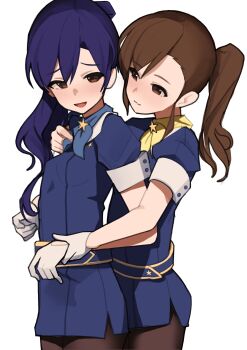 2girls :3 absurdres behind_another blue_dress blue_hair breasts brown_eyes brown_hair brown_pantyhose closed_mouth commentary cowboy_shot dress flight_attendant futami_mami gloves highres idolmaster idolmaster_(classic) kisaragi_chihaya long_hair multiple_girls open_mouth pantyhose raised_inner_eyebrows short_sleeves side_ponytail simple_background smile soayo standing travel_attendant untranslatable_commentary white_background white_gloves yuri