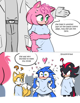 1girl 3boys ? ?? against_wall alternate_universe amy_rose animal_nose averting_eyes black_fur blue_fur blush body_fur clothes_grab coat confused eyelashes flying_sweatdrops fox_boy furry furry_female furry_male green_eyes hand_on_own_arm hedgehog_boy hedgehog_girl highres hospital_gown lab_coat looking_at_another looking_to_the_side multiple_boys nervous_sweating pink_fur quaverdraws red_eyes red_streaks shadow_the_hedgehog shy sonic_(series) sonic_the_hedgehog sweat tails_(sonic) trembling twitter_username white_coat yellow_fur