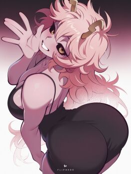 1girl arched_back ashido_mina ass bare_shoulders black_dress black_sclera boku_no_hero_academia breasts cleavage colored_sclera colored_skin commentary dress fliphrrr gradient_background highres horns huge_ass large_breasts long_hair looking_at_viewer messy_hair pink_hair pink_skin signature smile yellow_eyes