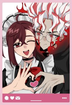 Rule 34 | 1boy, 1girl, apron, ayase momo, black choker, black dress, black jacket, black nails, bow, bowtie, brown eyes, brown hair, chinese commentary, choker, closed mouth, commentary request, crossed bangs, dandadan, dress, facial mark, fake screenshot, frilled hairband, frills, glasses, hair between eyes, hairband, heads together, heart, heart hands, heart hands duo, highres, instagram, jacket, looking at another, looking at viewer, maid, maid apron, maid headdress, multicolored hair, official alternate costume, official alternate hairstyle, open mouth, puffy short sleeves, puffy sleeves, red bow, red bowtie, red eyes, red hair, round eyewear, short hair, short sleeves, single sidelock, straight-on, takakura ken (dandadan), takakura ken (transformed) (dandadan), teeth, transformation, twintails, two-tone hair, upper body, upper teeth only, white apron, white hair, white hairband, youuu20