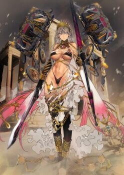 1girl anklet arm_at_side asymmetrical_dual_wielding ball_and_chain_restraint bare_shoulders black_bra black_gloves black_panties black_thighhighs blue_eyes bound bound_legs bra bracelet breasts breasts_apart chain closed_mouth cuffs dark-skinned_female dark_skin dual_wielding dust elbow_gloves fate/grand_order fate_(series) floating floating_hair floating_object floating_weapon frilled_skirt frills full_body game_cg gloves gold_anklet gold_bracelet gold_chain gold_choker gold_tiara gradient_hair grey_hair groin hand_up highleg highleg_panties holding holding_polearm holding_sword holding_weapon jewelry large_breasts long_hair long_skirt looking_to_the_side multicolored_hair navel nishiide_kengorou official_art panties pink_hair polearm revealing_clothes shackles shawl skirt solo standing stomach sword thighhighs third-party_source tiara toeless_legwear toned toned_female torn_clothes torn_skirt underboob underwear variant_set very_long_hair weapon white_shawl white_skirt zenobia_(fate)