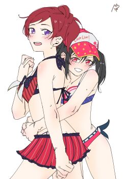 2girls baseball_cap bikini black_hair blush breasts commentary_request copyright_name cowboy_shot folded_ponytail hair_between_eyes hat highres hug large_breasts love_live! love_live!_school_idol_project medium_breasts medium_hair multiple_girls nishikino_maki open_mouth partial_commentary pink_hat purple_eyes red_bikini red_hair signature simple_background small_breasts stomach surfacedxxc sweatdrop swimsuit teeth twintails upper_teeth_only visor_cap white_background yazawa_nico