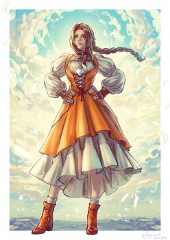 Rule 34 | 1girl, adapted costume, aerith gainsborough, aerith gainsborough (garnet's gown), boots, braid, braided ponytail, brown hair, cosplay, crystal, dress, final fantasy, final fantasy ix, final fantasy vii, final fantasy vii: ever crisis, garnet til alexandros xvii, garnet til alexandros xvii (cosplay), hands on own hips, highres, kay-i, lace-up top, official alternate costume, orange dress, solo