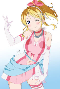 1girl absurdres ayase_eli blonde_hair blue_eyes blush bokutachi_wa_hitotsu_no_hikari breasts choker dress elbow_gloves feet_out_of_frame gloves high_ponytail highres large_breasts long_hair long_sleeves love_live! love_live!_school_idol_project nagi_mkrnpn navel one_eye_closed pink_choker pink_dress ponytail simple_background smile solo standing white_background white_gloves