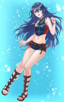 1girl :d absurdres armpit_crease belt blue_background blue_eyes blue_hair boots breasts brown_belt brown_boots brown_sandals crop_top fire_emblem fire_emblem_awakening fire_emblem_cipher full_body hairband hand_up hazuki_(nyorosuke) highres long_hair looking_at_viewer lucina_(cipher_swimsuit)_(fire_emblem) lucina_(fire_emblem) navel nintendo open_mouth sandals short_shorts shorts small_breasts smile solo stomach swimsuit symbol_in_eye thighs very_long_hair
