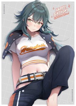 1girl absurdres aqua_hair arms_behind_back barefoot belt belt_buckle black_capelet black_pants blush border breasts buckle campus_mode!!_(idolmaster) capelet closed_mouth commentary_request crop_top cropped_shirt crossed_bangs embarrassed gakuen_idolmaster green_eyes green_hair grey_background grid_background hair_between_eyes hair_intakes hair_ornament hairclip happy_birthday highres hirosaji idolmaster knee_up leg_up light_frown long_hair looking_at_viewer looking_to_the_side medium_breasts midriff navel official_alternate_costume outside_border pants print_shirt shirt short_sleeves sitting solo stomach straight_hair translation_request tsukimura_temari twitter_username white_belt white_border white_shirt x_hair_ornament