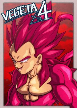 1boy act_(act_1113) body_fur border character_name dragon_ball dragon_ball_daima grey_border highres long_hair male_focus monkey_tail red_background red_eyes red_fur red_hair red_tail solo spiked_hair super_saiyan super_saiyan_4 tail vegeta