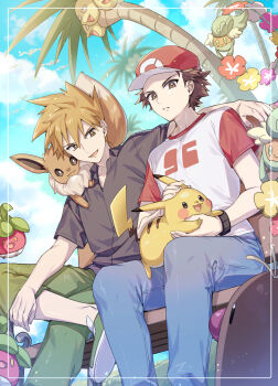 2boys 88_(einnimnech) absurdres alolan_diglett alolan_exeggutor alolan_form baseball_cap bench black_shirt blue_oak blue_pants bounsweet brown_eyes brown_hair closed_mouth comfey eevee flower flower_necklace flower_wreath gen_1_pokemon gen_7_pokemon green_pants hat highres jewelry lei multiple_boys necklace nintendo on_lap on_shoulder open_mouth outdoors pants pikachu pokemon pokemon_(creature) pokemon_on_lap pokemon_on_shoulder pokemon_sm red_(pokemon) red_hat shirt shoes short_hair short_sleeves sitting smile spiked_hair white_shirt wristband