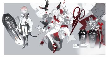 1boy bird capelet coffin crow english_text frills full_body hair_between_eyes highres liulianjingrua long_hair long_sleeves looking_at_viewer lying male_focus multiple_views on_side original pink_eyes pink_hair red_eyes ribbon scissors short_hair shorts sketch socks solo standing white_hair wide_sleeves