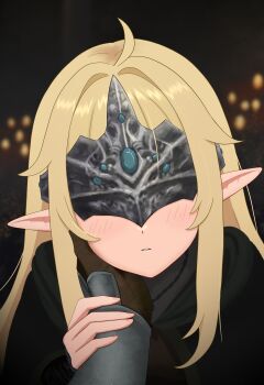 1girl absurdres ahoge blindfold_mask blonde_hair blurry blush dark_souls_(series) dark_souls_iii depth_of_field eepy_sleepy elf fire_keeper firelink_shrine gauntlets hand_on_another's_face highres jewelry kaemble mask phase_connect pointy_ears virtual_youtuber