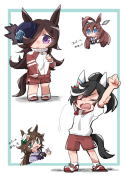 4girls :d arm_behind_head arms_up beer_hsk black_hair blue_background blue_eyes blue_hat brown_hair chibi closed_eyes closed_mouth gym_shirt gym_shorts gym_uniform hair_between_eyes hair_over_one_eye hand_on_own_elbow hat high_ponytail highres jacket katsuragi_ace_(umamusume) mihono_bourbon_(umamusume) mini_hat mini_top_hat mr._c.b._(umamusume) multiple_girls open_mouth ponytail puffy_short_sleeves puffy_sleeves purple_eyes purple_shirt red_jacket red_shoes rice_shower_(umamusume) school_uniform shadow shirt shoes short_sleeves shorts sleeves_past_wrists smile socks stretching tears tilted_headwear top_hat tracen_school_uniform track_jacket translation_request two-tone_background umamusume white_background white_hat white_shirt white_socks