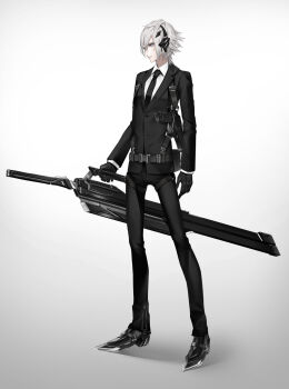 Rule 34 | 1boy, black gloves, black necktie, blue eyes, formal clothes, gloves, gradient background, grey hair, gun, handgun, highres, holster, holstered, male focus, mecha danshi, necktie, original, parted lips, reckless dog, science fiction, solo, standing, suit, sword, weapon