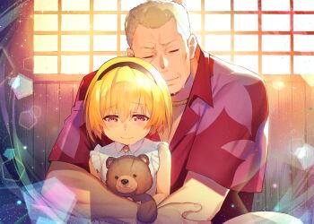 Rule 34 | 1boy, 1girl, absurdres, black hairband, blonde hair, blush, closed eyes, collared shirt, comforting, commentary request, crying, day, floral print, frilled shirt, frills, hair between eyes, hairband, hawaiian shirt, highres, higurashi no naku koro ni, higurashi no naku koro ni gou, houjou satoko, houjou teppei, hug, hug from behind, hugging object, indoors, lens flare, light particles, light rays, looking down, nakayama yuuji, print shirt, red eyes, red shirt, shirt, short hair, short sleeves, sleeveless, sleeveless shirt, stuffed animal, stuffed toy, sunbeam, sunlight, tatariakashi-hen, tears, teddy bear, uncle and niece, upper body, white shirt