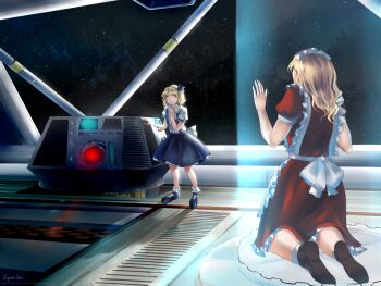 2girls alice_margatroid alice_margatroid_(pc-98) apron blonde_hair blue_eyes blue_hairband blush bow commentary dress euphori_cat hair_bow hair_ornament hair_ribbon hairband long_hair maid maid_headdress multiple_girls puffy_sleeves red_dress ribbon scared scene_reference shadow_the_hedgehog_(game) shirt short_hair short_sleeves sonic_(series) space space_colony_ark space_habitat star_(sky) suspenders touhou trapped yellow_eyes yumeko_(touhou)