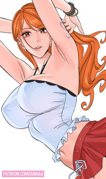 1girl 2025 armpits arms_up bangle bare_shoulders bracelet breasts brown_eyes commentary criss-cross_halter earrings frilled_shirt frills halterneck highres jewelry large_breasts lips log_pose long_hair looking_at_viewer midriff midriff_peek miniskirt nami_(one_piece) nami_(one_piece)_(zou) narrow_waist navel official_alternate_costume one_piece orange_hair parted_lips patreon_username pearl_earrings pink_lips pleated_skirt red_skirt shirt shoulder_tattoo simple_background skirt solo symbol-only_commentary tattoo upper_body uukkaa wavy_hair white_background white_shirt