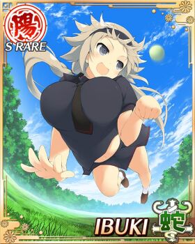 Rule 34 | 1girl, ball, black hairband, black necktie, black sailor collar, black shirt, black skirt, border, breasts, brown hair, card (medium), catching, character name, clenched hand, day, fetch, game cg, grass, grey eyes, hairband, hebijo academy school uniform, ibuki (senran kagura), large breasts, long hair, looking back, low twintails, midair, midriff peek, navel, necktie, official art, open mouth, playing, pleated skirt, sailor collar, school uniform, senran kagura, senran kagura new wave, shirt, skirt, smile, solo, tennis ball, third-party source, twintails