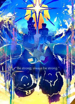 Rule 34 | 1boy, 2girls, blue hair, camouflage, camouflage shirt, carrying, commentary, english commentary, father and daughter, flakey 9000, floating, full body, guest 1337 (roblox), highres, husband and wife, military uniform, mother and daughter, multiple girls, outstretched arms, painterly, roblox, shirt, short hair, shoulder carry, smile, sparkle, symbolism, upside-down, waves