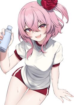 1girl :d absurdres blush bottle breasts commentary english_commentary flower gym_uniform hair_between_eyes hair_flower hair_ornament highres holding holding_bottle looking_at_viewer nijisanji nijisanji_en open_mouth pink_hair red_eyes red_flower red_rose red_shorts rose rosemi_lovelock shorts side_ponytail simple_background small_breasts smile solo sweat valefal_coneri virtual_youtuber water_bottle white_background