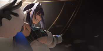 1girl absurdres bare_shoulders black_hair blue_eyes blue_hair breasts chain chain_headband commentary detached_sleeves edwin62293123 hair_intakes highres hololive hololive_english large_breasts ouro_kronii ouro_kronii_(1st_costume) outstretched_arms sideboob smile underboob virtual_youtuber wide_sleeves