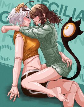 2girls ahoge alternate_costume bare_legs blush brown_eyes brown_hair casual cecilia_immergreen doll_joints eye_contact gigi_murin grabbing_another's_ass green_eyes grey_hair groping highres hololive hololive_english hug joints long_hair looking_at_another multiple_girls nasterro navel open_mouth saliva saliva_trail short_hair shorts smile tail tongue tongue_out twintails virtual_youtuber winding_key yuri