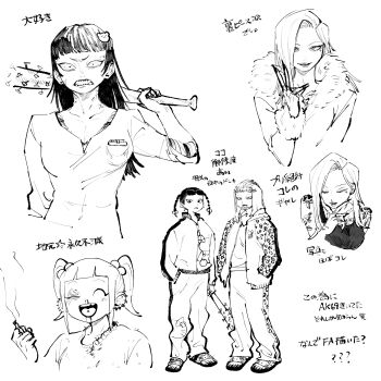 Rule 34 | 5girls, absurdres, angry, animal print, bad id, bad twitter id, bangs pinned back, baseball bat, blood, blunt bangs, blush, braid, bruise, bruised eye, chanel (jimoto saikou), character request, chipped tooth, cigarette pack, claire (jimoto saikou), clenched teeth, coat, constricted pupils, delinquent, ear piercing, fingernails, fur-trimmed coat, fur trim, furious, greyscale, grimace, hair bobbles, hair ornament, hand on own chin, highres, holding, holding baseball bat, inactive account, injury, jacket, jimoto saikou, koharu (jimoto saikou), leopard print, long fingernails, long hair, long sleeves, mogero (gerogero ieki), monochrome, multiple girls, multiple views, nosebleed, open clothes, open jacket, over shoulder, pants, piercing, print jacket, print pants, sandals, scowl, shirt, short hair, shoulder tattoo, smile, spiked bat, sweater, tattoo, teeth, tongue piercing, track jacket, twin braids, twintails, v, veins, weapon, weapon over shoulder