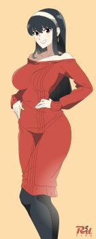 1girl absurdres artist_logo bare_shoulders black_hair breasts cowboy_shot dress earrings grin hairband hands_on_own_hips highres jewelry large_breasts logo long_hair looking_at_viewer r3dfive red_eyes red_sweater simple_background smile solo spy_x_family sweater sweater_dress white_hairband yellow_eyes yor_briar
