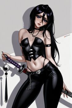 Rule 34 | 1girl, ai-assisted, alternate hairstyle, artist name, bare shoulders, black hair, black pants, bleach, breasts, collarbone, eyeshadow, female focus, goth fashion, highres, kuchiki rukia, lips, long hair, makeup, pants, patreon username, prixmal, simple background, small breasts, sword, thong, weapon