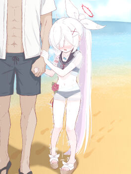 1boy 1girl beach bikini black_bikini blue_archive blush commentary covered_penis cumdrip_through_clothes halo highres loli long_hair niss_oekaki plana_(blue_archive) red_halo swimsuit trembling very_long_hair white_hair