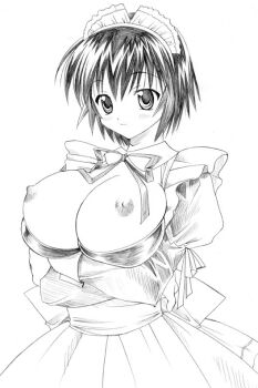 Rule 34 | 1girl, alternate costume, apron, arms under breasts, azumanga daiou, back bow, bad id, bow, bra, breasts, breasts out, closed mouth, cowboy shot, enmaided, greyscale, juliet sleeves, kagura (azumanga daioh), kanekiyo miwa, large breasts, long sleeves, maid, maid headdress, monochrome, neck ribbon, nipples, puffy sleeves, ribbon, shelf bra, short hair, simple background, skindentation, solo, standing, underwear, white background
