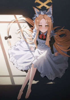1girl absurdres alternate_costume animal_ear_fluff animal_ears apron barefoot black_dress blonde_hair blue_archive blush bow closed_mouth dress forehead fox_ears fox_girl fox_tail halo highres long_hair looking_at_viewer maid maid_apron maid_headdress puffy_sleeves red_bow seia_(blue_archive) sidelocks solo sweetcho tail yellow_eyes yellow_halo