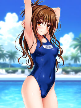 1girl absurdres armpits arms_up beach blue_one-piece_swimsuit blue_sky blush breasts brown_eyes brown_hair closed_mouth cloud commentary_request covered_erect_nipples covered_navel cowboy_shot cygnus_(cygnus7) day highres long_hair looking_at_viewer medium_breasts name_tag ocean one-piece_swimsuit school_swimsuit sky smile solo standing swimsuit to_love-ru yuuki_mikan