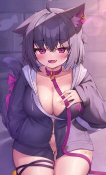 1girl absurdres ahoge animal_ears bandaid breasts candy cat_ears cat_girl cat_tail cleavage collar collarbone commentary_request deaver earrings fang food hair_ornament highres jacket jewelry large_breasts leash lollipop long_hair looking_at_viewer mouth_hold nekoyama_(deaver) open_mouth original purple_collar purple_hair purple_jacket short_hair single_earring sitting smile solo tail thighs x_hair_ornament