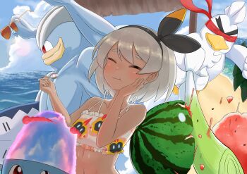1girl absurdres bea_(pokemon) blindfold blush character_print closed_eyes cloud commentary_request dark-skinned_female dark_skin day eating falinks food fruit gen_1_pokemon gen_8_pokemon hairband hand_on_own_cheek hand_on_own_face hands_up highres holding holding_spoon machamp nintendo outdoors pokemon pokemon_(creature) pokemon_swsh short_hair sirfetch'd sky spoon spring_onion suikawari summer sunglasses swimsuit tsugumi_amon water watermelon