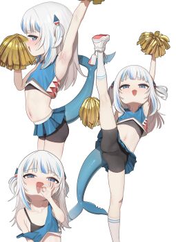 1girl absurdres arm_up armpits bandaid bandaid_on_knee bandaid_on_leg bike_shorts black_bra blue_borscht blue_eyes blue_hair bra cameltoe cheerleader colored_tips fangs fellatio_gesture female_focus fins fish_tail flat_chest gawr_gura grey_hair hair_ornament hairclip highres hololive hololive_english leg_lift loli long_hair looking_at_viewer looking_down midriff multicolored_hair multiple_views navel open_mouth paid_reward_available pom_pom_(cheerleading) shark_girl shark_tail sharp_teeth shoes short_twintails simple_background sneakers socks standing standing_on_one_leg strap_slip streaked_hair tail teeth tongue tongue_out twintails underwear virtual_youtuber white_background white_socks