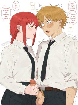 1boy 1girl black_necktie black_pants blonde_hair blush braid braided_ponytail chainsaw_man denji_(chainsaw_man) dress_shirt english_text erection fenqury handjob hetero highres looking_at_another makima_(chainsaw_man) necktie open_mouth pants penis precum red_hair ringed_eyes sharp_teeth shirt sidelocks speech_bubble standing sweat teeth uncensored white_background white_shirt