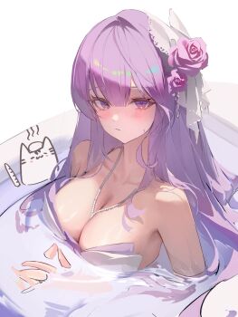 1girl absurdres between_breasts blush breasts cat character_request cleavage closed_mouth commentary_request copyright_request flower hair_flower hair_ornament highres in_bathtub jewelry korean_commentary large_breasts lizchief long_hair looking_at_viewer necklace own_hands_together partially_submerged pearl_necklace pink_eyes pink_flower pink_hair pink_rose rose simple_background solo white_background