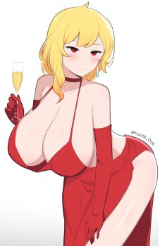 1girl :| absurdres alcohol alternate_costume armpit_crease asymmetrical_hair backless_dress backless_outfit bare_shoulders blush breasts champagne champagne_flute cleavage closed_mouth collarbone commentary covered_erect_nipples cup dot_nose double-parted_bangs dress drinking_glass earrings evening_gown expressionless gloves halter_dress halterneck hand_on_own_leg hanging_breasts highres holding holding_cup hololive hololive_indonesia huge_breasts jewelry kaela_kovalskia leaning_forward long_dress looking_at_viewer low_neckline red_dress red_eyes red_gloves ringed_eyes short_hair side_slit simple_background sleeveless sleeveless_dress solo spaghetti_strap split_mouth standing taut_clothes taut_dress teardrop_earrings thick_thighs thighs tight_clothes tight_dress twitter_username virtual_youtuber white_background wide_hips yuuta_(yuuta0361)