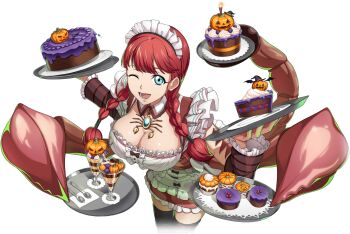 1girl apron bow braid breasts cake code_geass code_geass:_lost_stories code_geass:_pule_almaria f4samurai food fruit game_cg green_eyes halloween highres holding holding_plate jewelry large_breasts long_hair looking_at_viewer maid maid_apron maid_headdress official_art one_eye_closed open_mouth plate red_hair satori_richelieu smile solo white_apron
