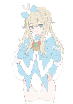 blonde_hair blue_arm_warmers blue_capelet blue_eyes blue_gloves blue_hairband capelet fur-trimmed_capelet fur-trimmed_skirt fur-trimmed_thighhighs fur_choker fur_trim girls'_frontline girls'_frontline_2:_exilium gloves hair_ornament hairband highres knit_gloves looking_at_viewer naked_ribbon peridot-4 rabbit_ear_headwear ribbed_gloves ribbon simple_background skirt snowflake_hair_ornament suomi_(fluffy_korvatunturi)_(girls'_frontline_2) suomi_(girls'_frontline) suomi_(girls'_frontline_2) thighhighs v