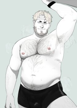 1boy absurdres armpit_hair armpit_hair_peek armpits bara barry_goodman beard big_belly boxers bulge cowboy_shot facial_hair fat fat_man fire_emblem full_beard hairy headband highres large_pectorals looking_at_viewer male_focus male_underwear mature_male multicolored_hair muscular muscular_male muted_color navel nintendo nipples pectorals philipposole presenting_armpit seductive_smile short_hair smile solo standing stomach sweat thick_arm_hair thick_eyebrows thick_leg_hair thick_thighs thighs tokyo_mirage_sessions_fe topless_male tsurime two-tone_hair underwear